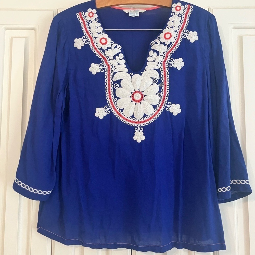 Boden Arianne Blue Sheer V Neck White Embroidered Tunic Top US 8 Beachy - Picture 3 of 6